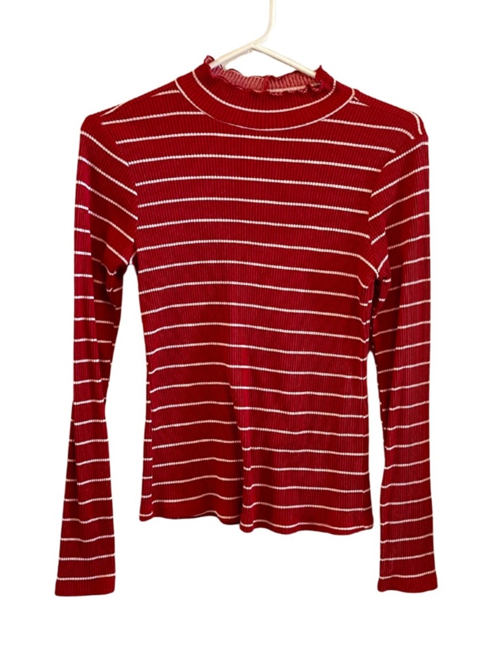 Ruffled Mock Neck, Red and White Striped Long-sleeve Ribbed Women's Top, XS
